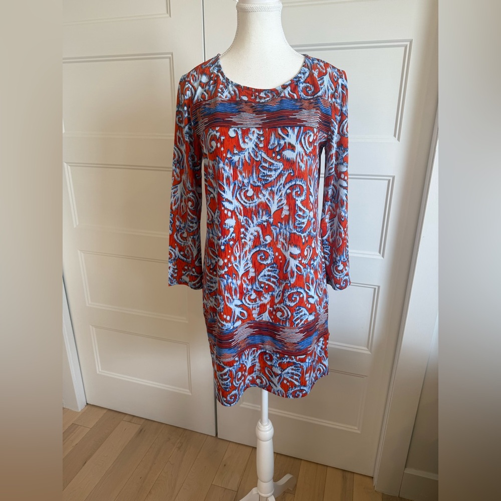 BCBGMaxAzria Vibrant Red and Blue 3/4 Sleeve Dress